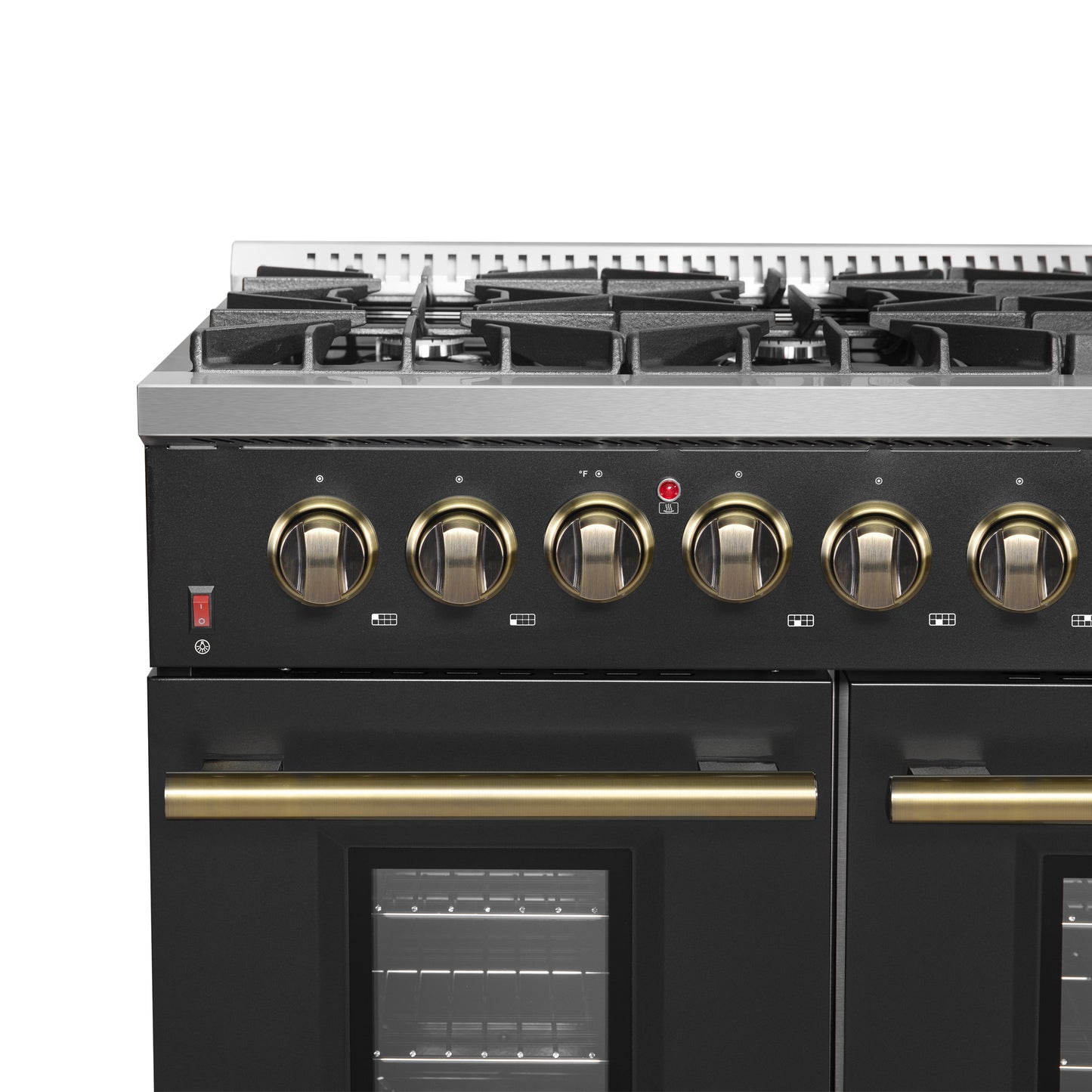 FORNO Galiano 48-inch Gas Range Black & Antique Brass Design, 8 Burners, 107,000 BTU, Griddle, 6.58 cu.ft. Double Ovens