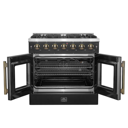 Forno Galiano 36-inch French Door Gas Range Black and Antique Brass Design, 6 Sealed Burners 83,000 BTU, 5.36 cu.ft. Convection Oven