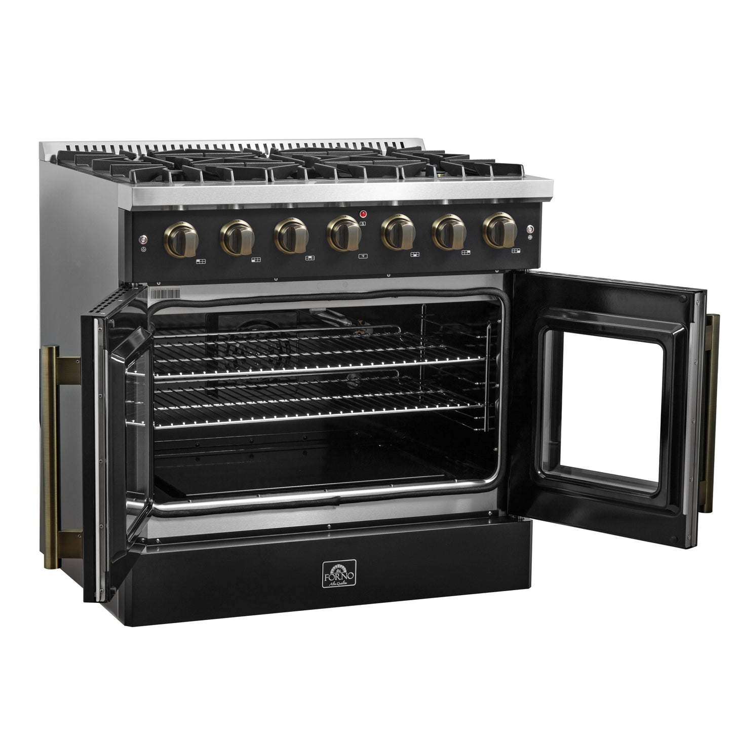 Forno Galiano 36-inch French Door Gas Range Black and Antique Brass Design, 6 Sealed Burners 83,000 BTU, 5.36 cu.ft. Convection Oven