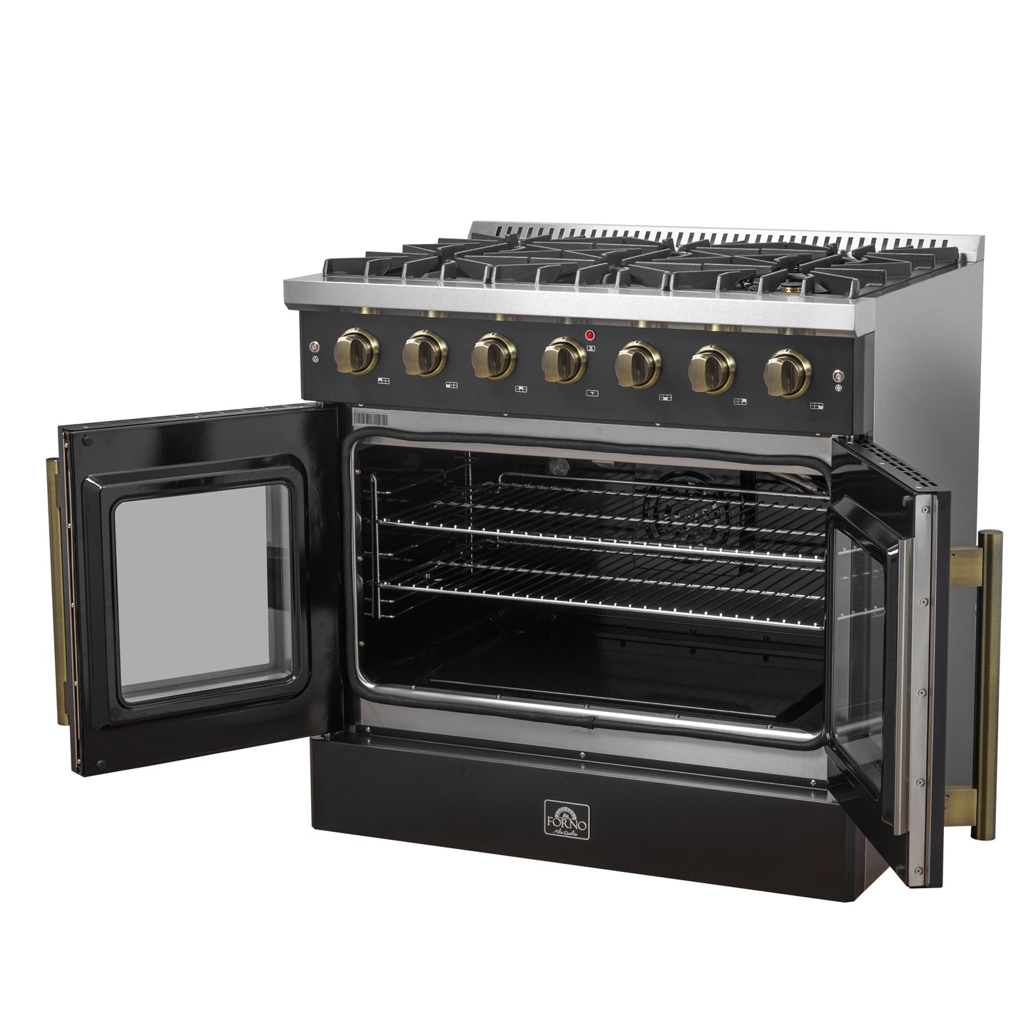 Forno Galiano 36-inch French Door Gas Range Black and Antique Brass Design, 6 Sealed Burners 83,000 BTU, 5.36 cu.ft. Convection Oven