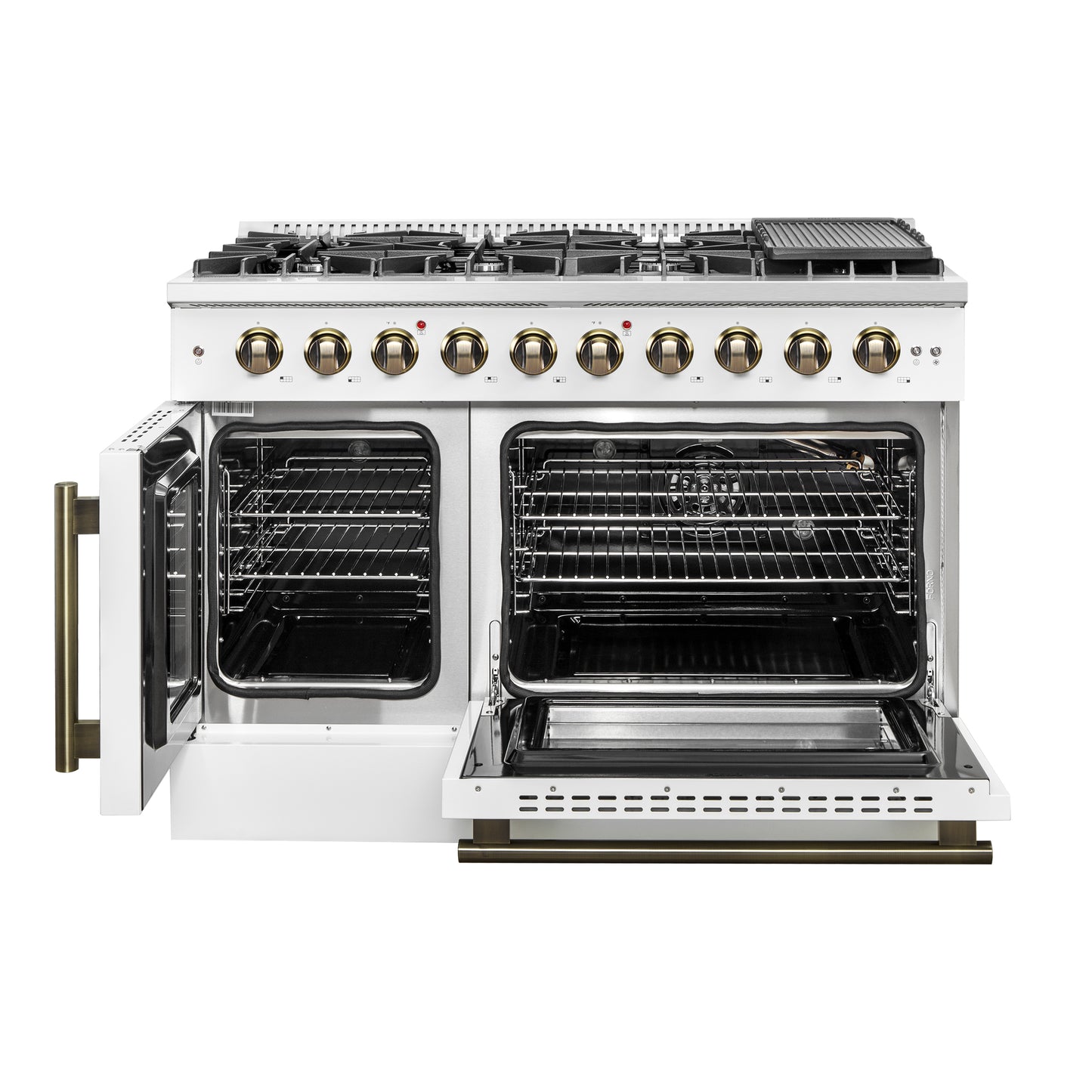Forno Galiano 48-Inch Freestanding French Door Gas Range, White & Antique Brass