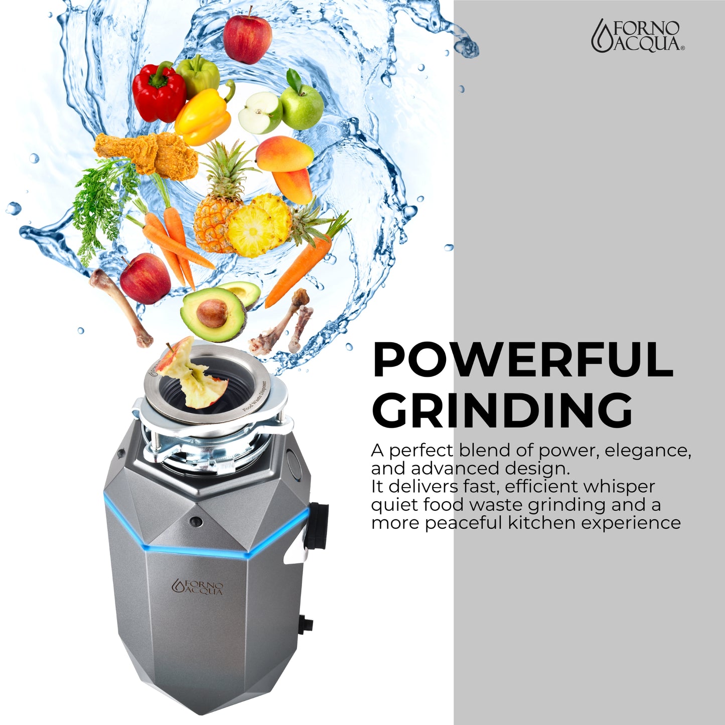 FORNO ACQUA BrightDIAMOND Black Onyx 3/4HP Super Quiet Garbage Disposal Corded with Motion Sensor Cabinet Light & Pre-Wired Air Switch