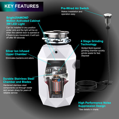 FORNO ACQUA BrightDIAMOND Moonstone 3/4HP Super Quiet Garbage Disposal Corded with Motion Sensor Cabinet Light & Pre-Wired Air Switch