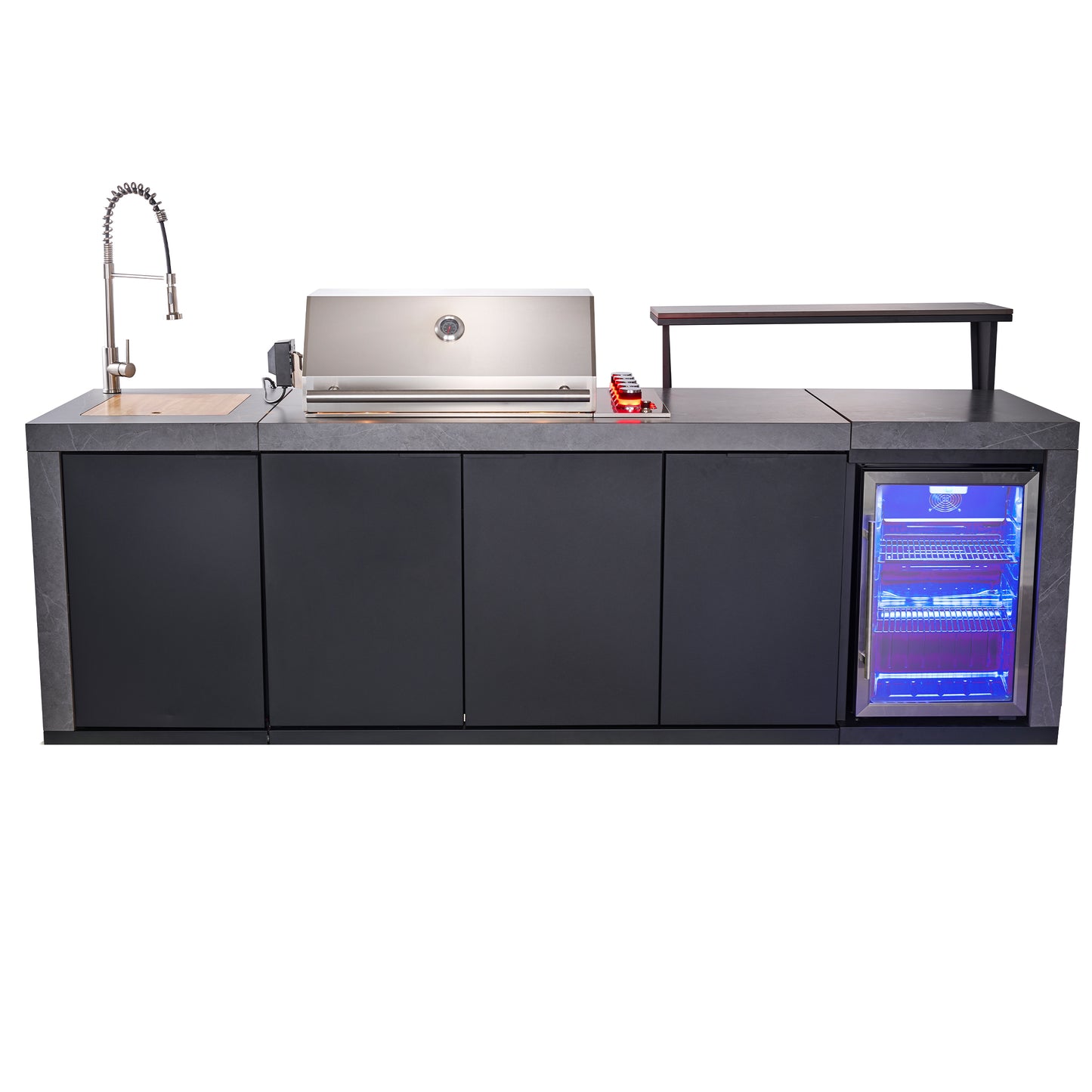Forno Rimini Outdoor Kitchen 30" BBQ 62,600 BTU, 3 Burners with Sear & Rotisserie, 2.4 cu.ft. Beverage Center, Stainless Steel Sink, Black Cabinets & Gray Sintered Stone Countertop