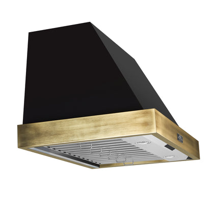 Forno Vittorio 36-Inch Wall Mount Range Hood, Black with Antique Brass Trim, 600 CFM Airflow, Dishwasher-Safe Baffle Filters, Remote Control, 3-Speed Fan, Bright LED Lighting.