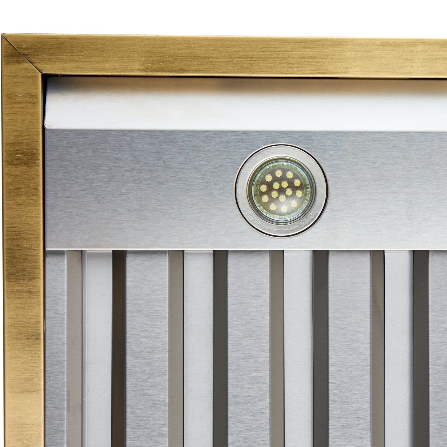 Forno Vittorio 36-Inch Wall Mount Range Hood, White with Antique Brass Trim, 600 CFM Airflow, Dishwasher-Safe Baffle Filters, Remote Control, 3-Speed Fan, Bright LED Lighting.