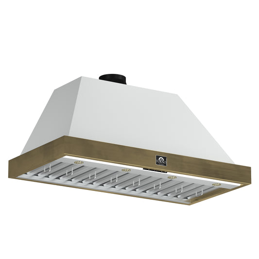 Forno Vittorio 48-Inch Wall Mount Range Hood, White with Antique Brass Trim, 600 CFM Airflow, Dishwasher-Safe Baffle Filters, Remote Control, 3-Speed Fan, Bright LED Lighting