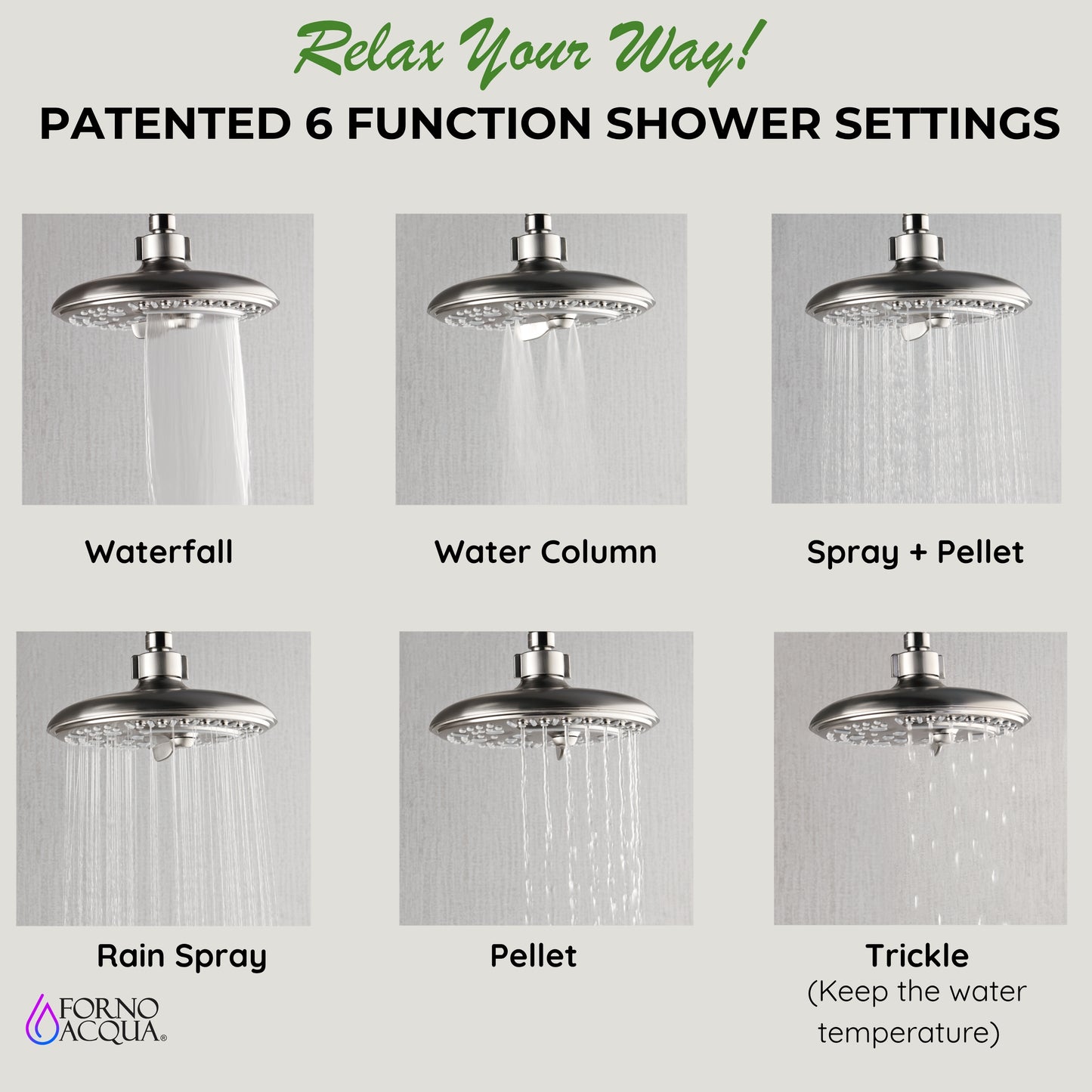 Forno Acqua AcquaFALL Shower, Polished Stainless Steel Finish, Overhead Rainfall Shower, 7 Way Diverter, Handheld Shower Head, Body Jets, 1.8 GPM Flow Rate