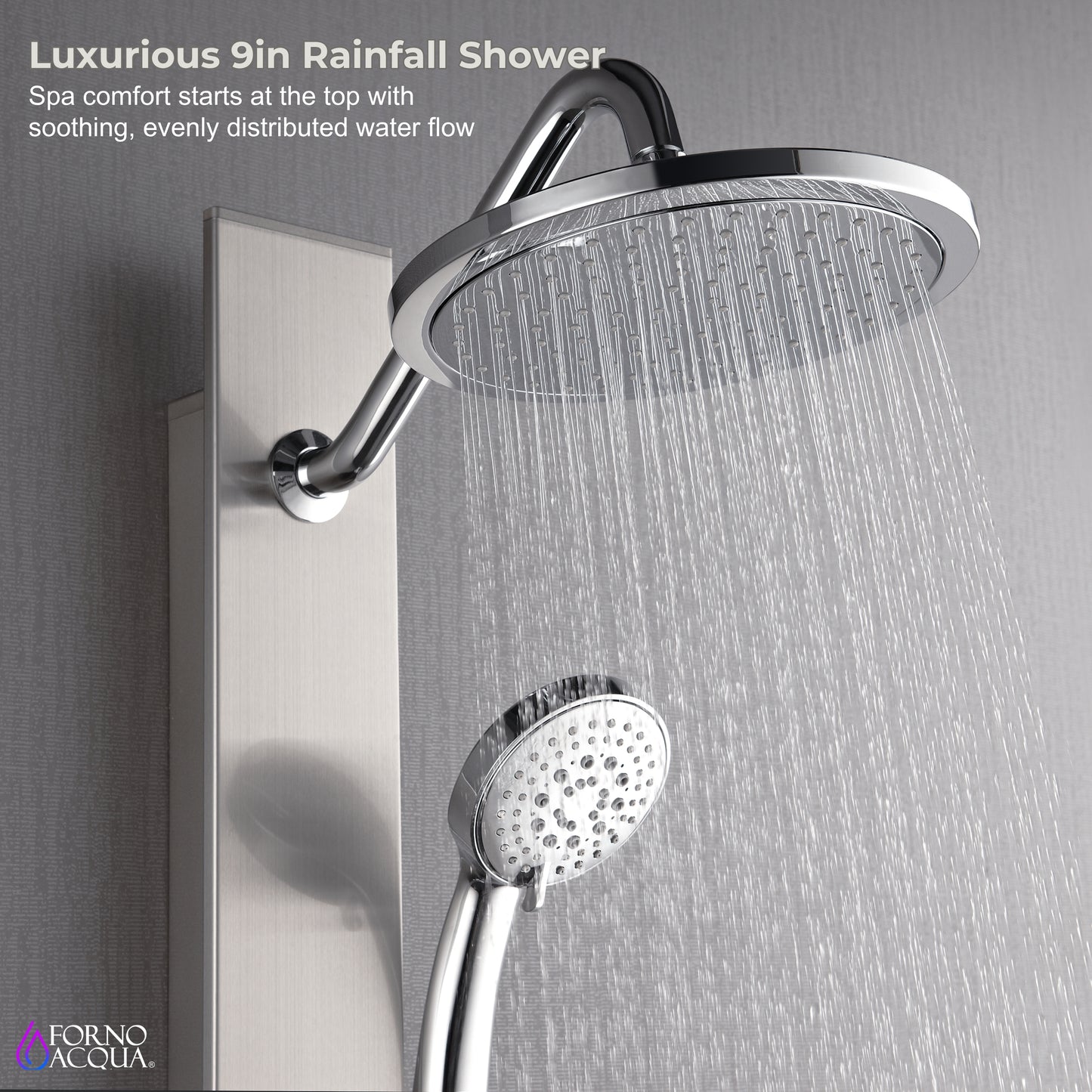 Forno Acqua AcquaSPA Shower Panel in Stainless Steel, Overhead Rainfall Shower, Handheld Shower Head, Body Jets, 6 Way Diverter, 2.5 GPM Flow Rate