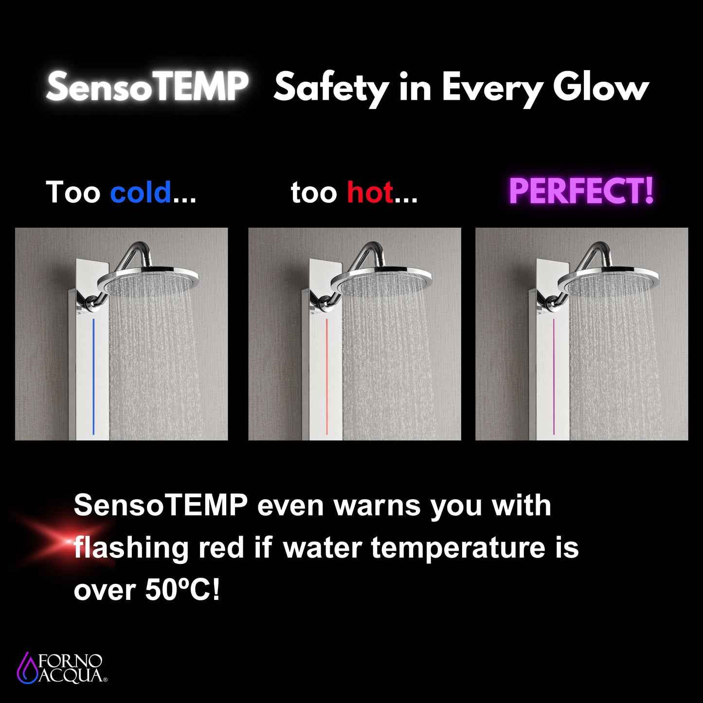 Forno Acqua AcquaSPA Shower Panel with SensoTEMP, Mirrored Stainless Steel Finish, Overhead Rainfall Shower, Handheld Shower Head, Body Jets, 2.5 GPM Flow Rate