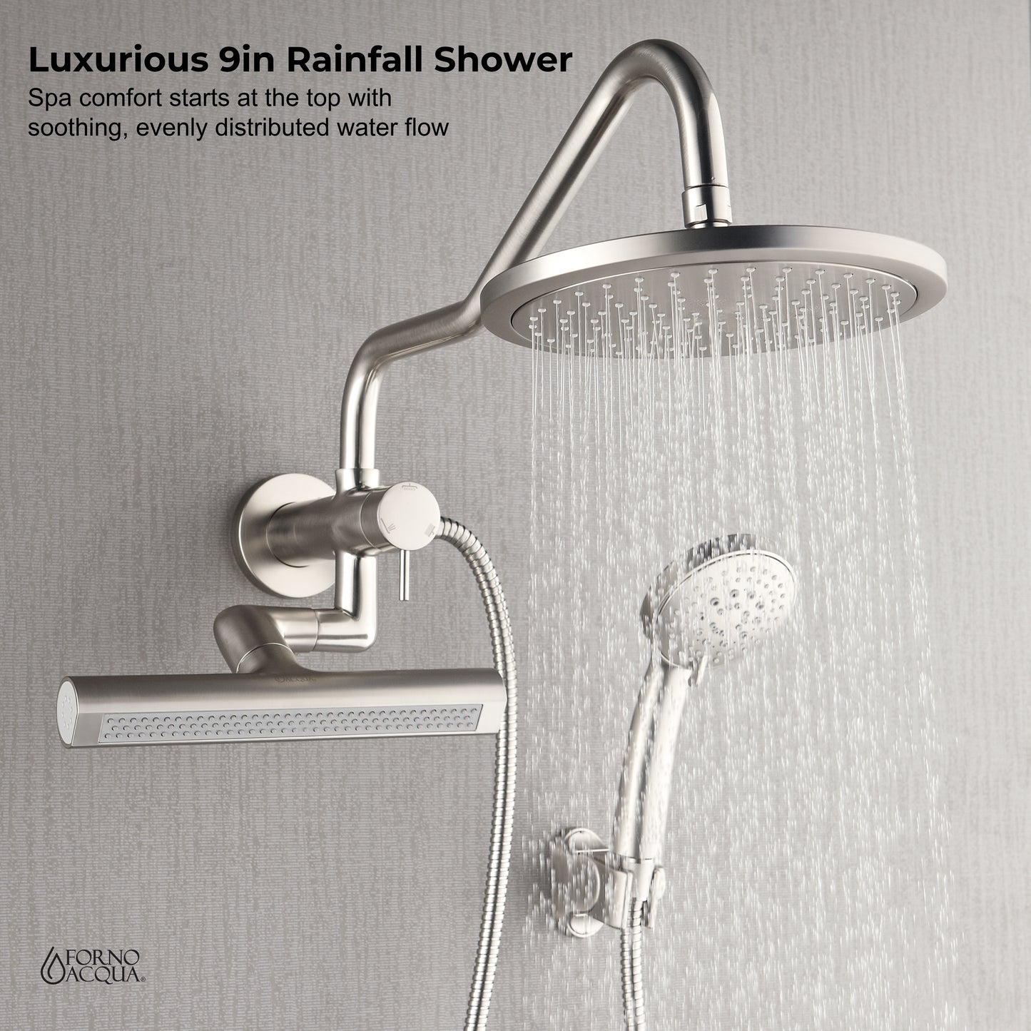 Forno Acqua AcquaFALL Mini Shower Head, Brushed Nickel Finish, Overhead Rainfall Shower, 7 Way Diverter, Handheld Shower Head, Body Jets, 2.5 GPM Flow Rate