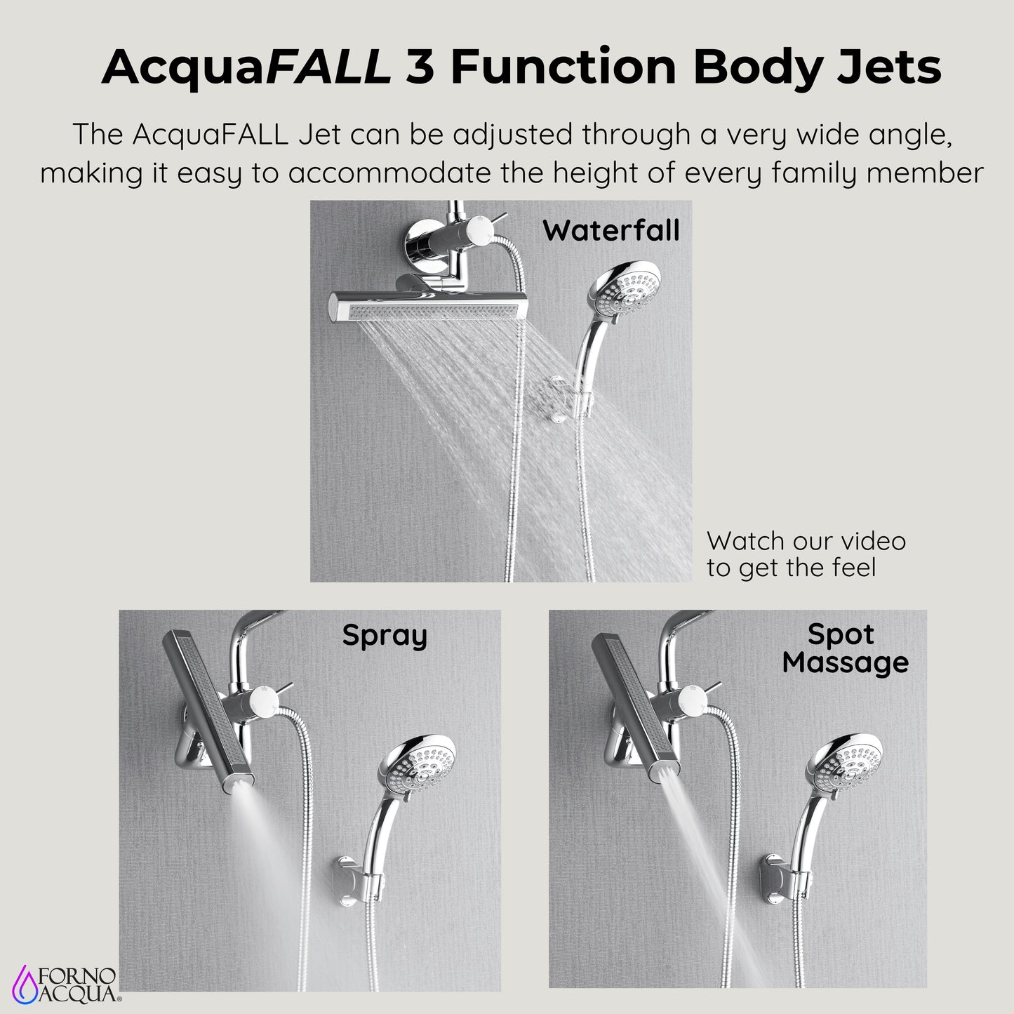 Forno Acqua AcquaFALL Mini Shower Head, Polished Stainless Steel Finish, Overhead Rainfall Shower, 7 Way Diverter, Handheld Shower Head, Body Jets, 1.8 GPM Flow Rate