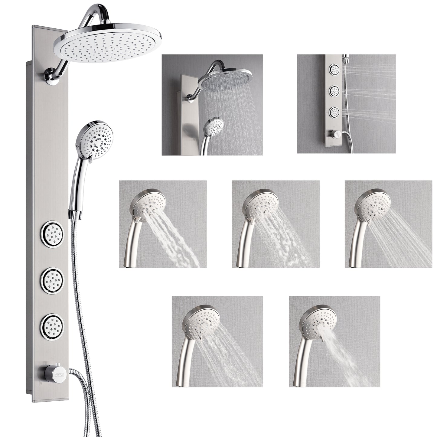 Forno Acqua AcquaSPA Shower Panel in Stainless Steel, Overhead Rainfall Shower, Handheld Shower Head, Body Jets, 6 Way Diverter, 2.5 GPM Flow Rate