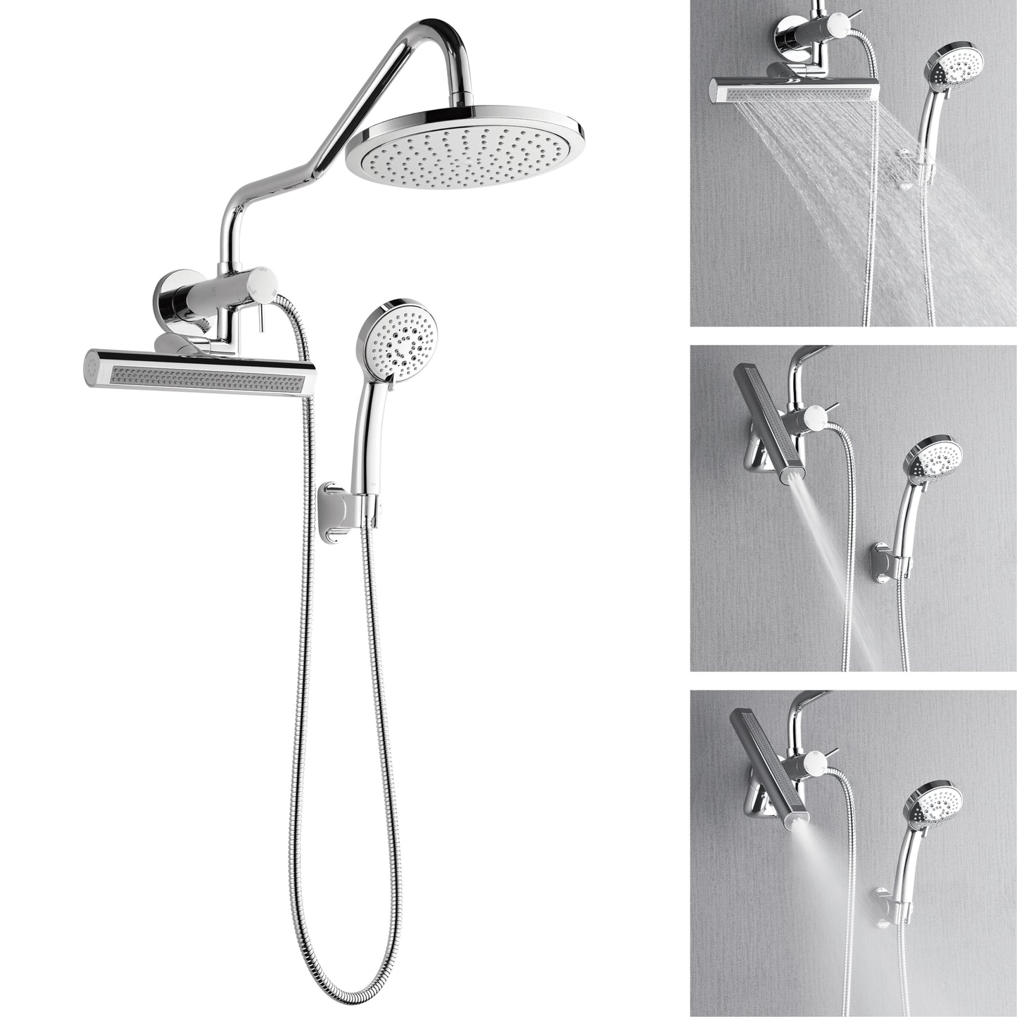 Forno Acqua AcquaFALL Mini Shower Head, Polished Stainless Steel Finish, Overhead Rainfall Shower, 7 Way Diverter, Handheld Shower Head, Body Jets, 1.8 GPM Flow Rate