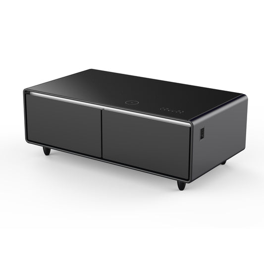 Forno Evoluto Tavolo 51-Inch Black Smart Coffee Table – Dual Refrigerator Drawers, Bluetooth 5.0 Audio, Wireless Charging & RGB Ambient Light