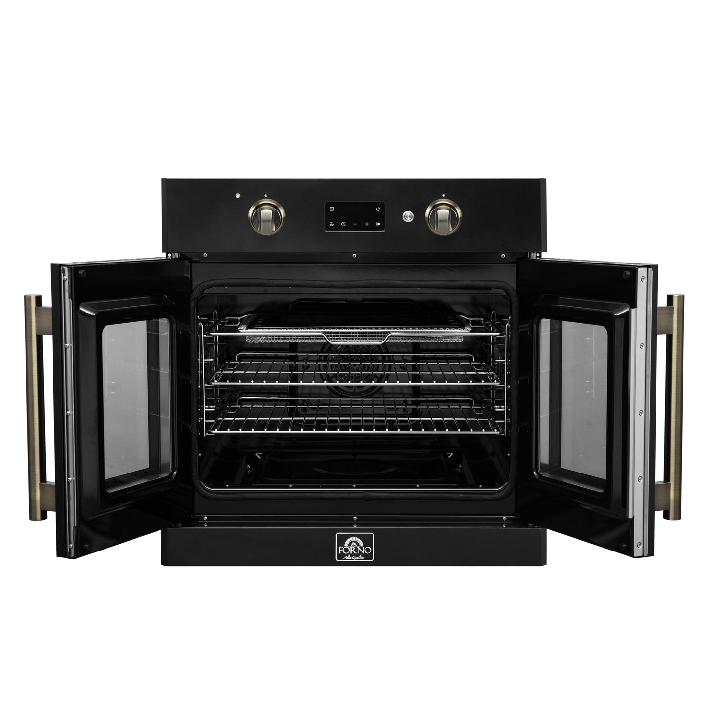 Forno Asti 30-Inch French Door Electric Wall Oven in Black & Antique Brass, 3.68 cu. ft. True Convection, 3,600W, Air Fry, Sous Vide, Self-Clean