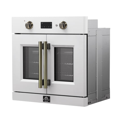 Forno Asti 30-Inch French Door Electric Wall Oven in White & Antique Brass, 3.68 cu. ft. True Convection, 3,600W, Air Fry, Sous Vide, Self-Clean