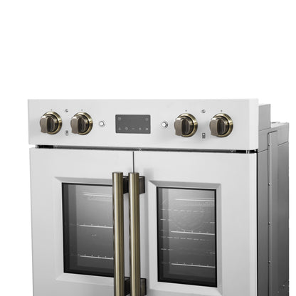Forno Asti 30-Inch Double Electric Wall Oven with Upper French Doors in White & Antique Brass, 7.36 cu. ft. Dual True Convection, 7,200W, Air Fry, Sous Vide, Self-Clean