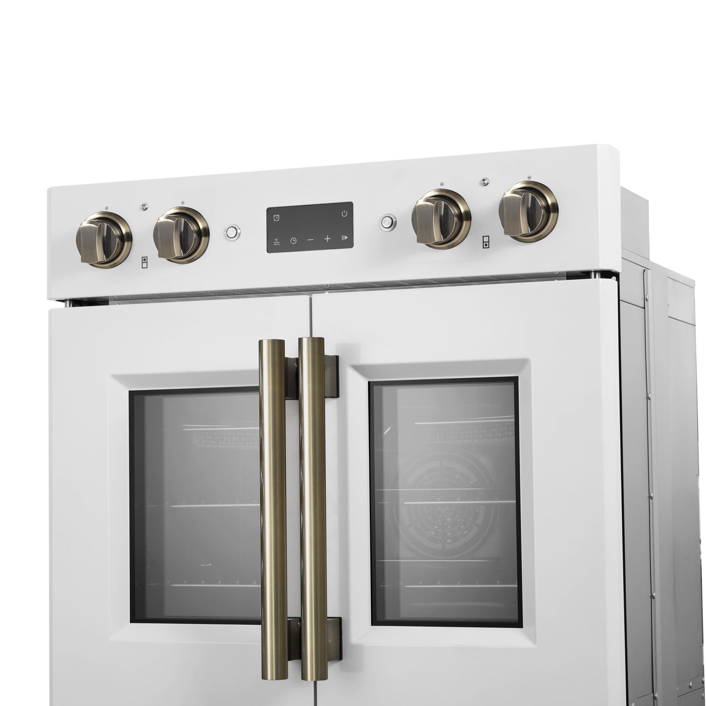 Forno Asti 30-Inch Double Electric Wall Oven with Upper French Doors in White & Antique Brass, 7.36 cu. ft. Dual True Convection, 7,200W, Air Fry, Sous Vide, Self-Clean