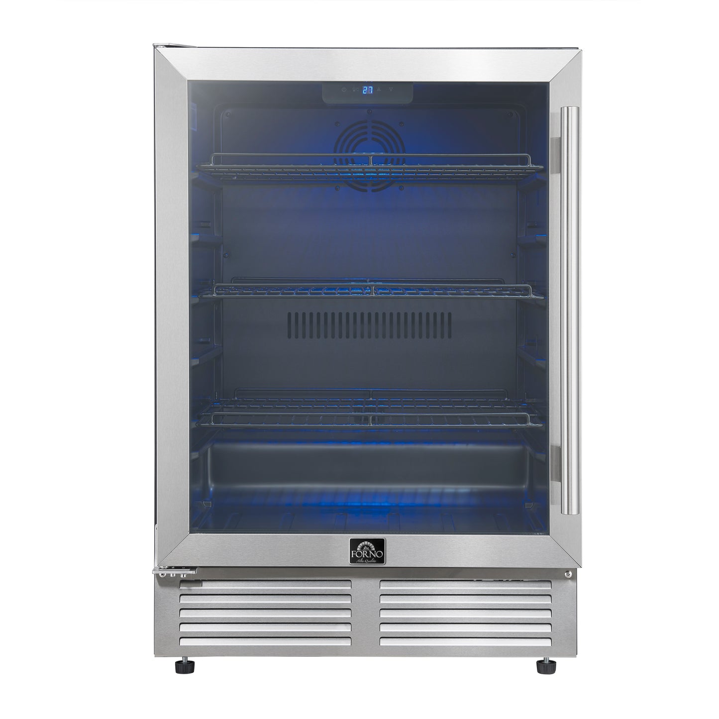 Forno Frescolino 24 Inch Beverage Cooler, Stainless Steel, with LED Lighting, Triple Glass Door, 188 Can Capacity, Built-In or Freestanding