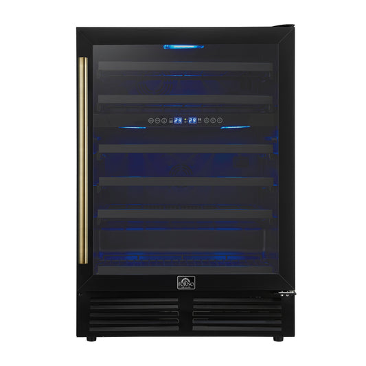 Forno Bacchino 24 Inch Wine Cooler, Black with Antique Brass Handles, with LED Lighting, Triple Glass Door, 51 Bottle Capacity, Built-In or Freestanding